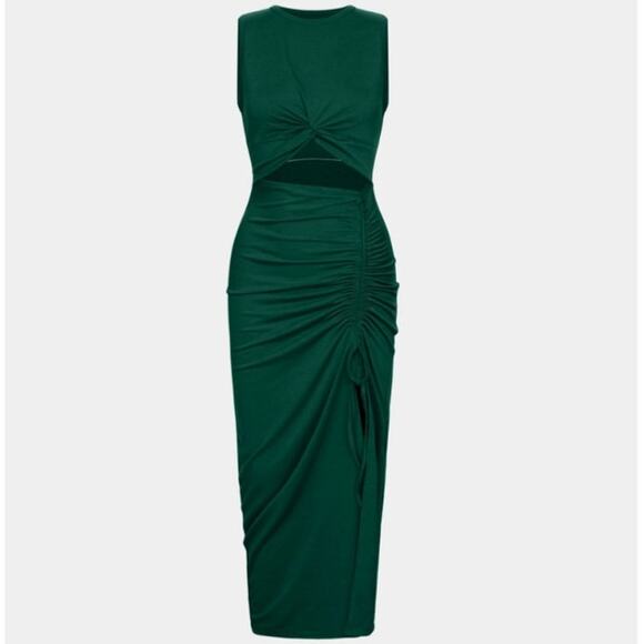 Halara Dresses & Skirts - Sz Sm HALARA Green Round Neck Cut Out Ruched Drawstring Hem Bodycon Maxi Dress